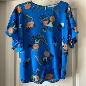 Blue peach floral flowy short sleeve blouse shirt